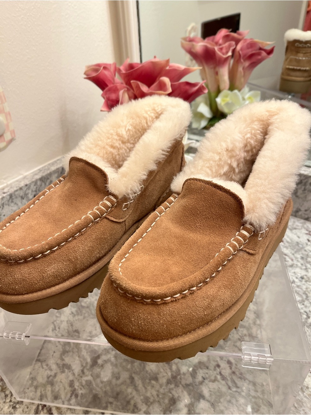 UGG Chestnut Suede Shearling Moccasin Slippers